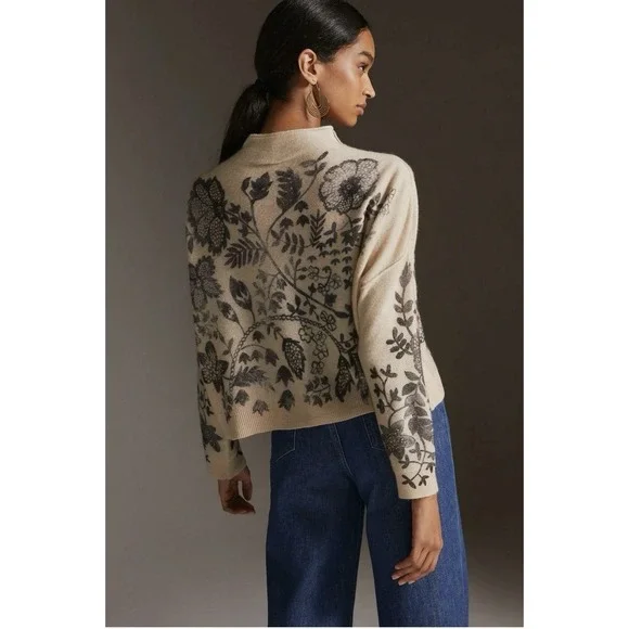 Anthropologie The Alani Cashmere Pilcro Mock-neck Sweater Beige Floral Large - Picture 3 of 16